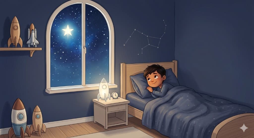 A young boy tucked in bed at night looking at rockets and a bright star through his bedroom window.