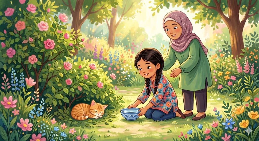 A young girl and her mother kneeling in a blooming garden, gently offering water to a sleeping kitten.
