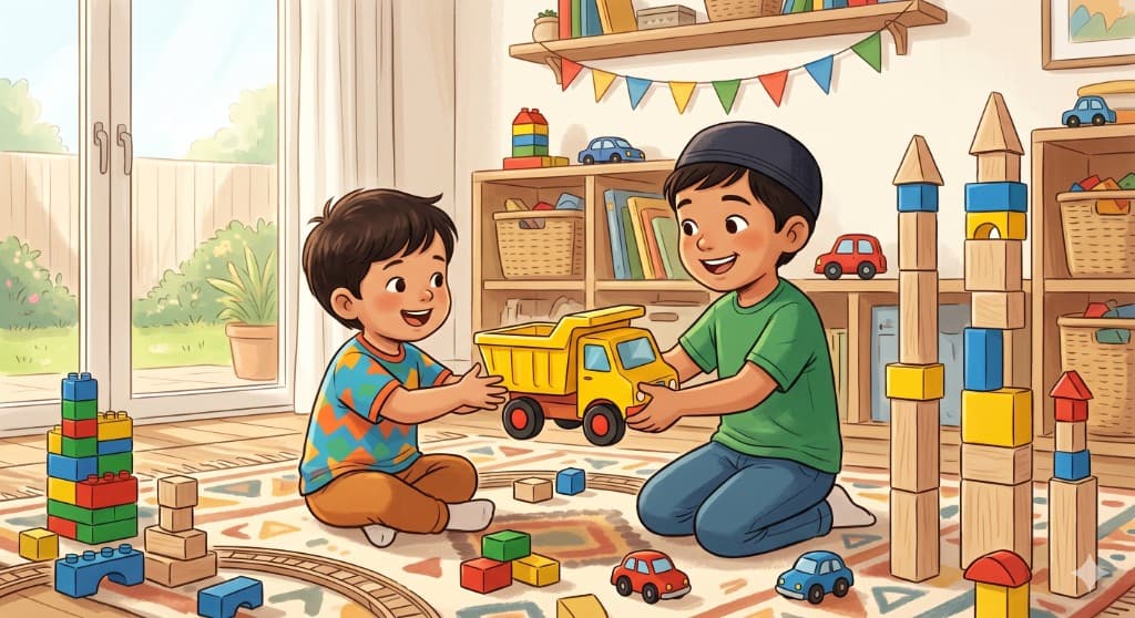 Two young boys sitting on a rug in a playroom, sharing a yellow toy truck surrounded by blocks.